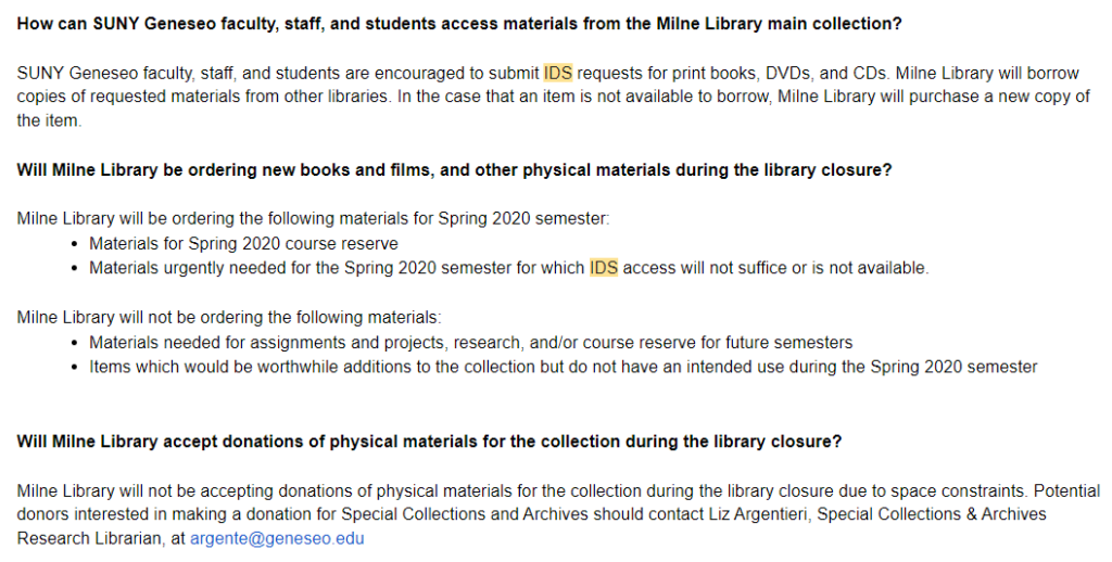 Library FAQs about IDS and Collections, January 16, 2020