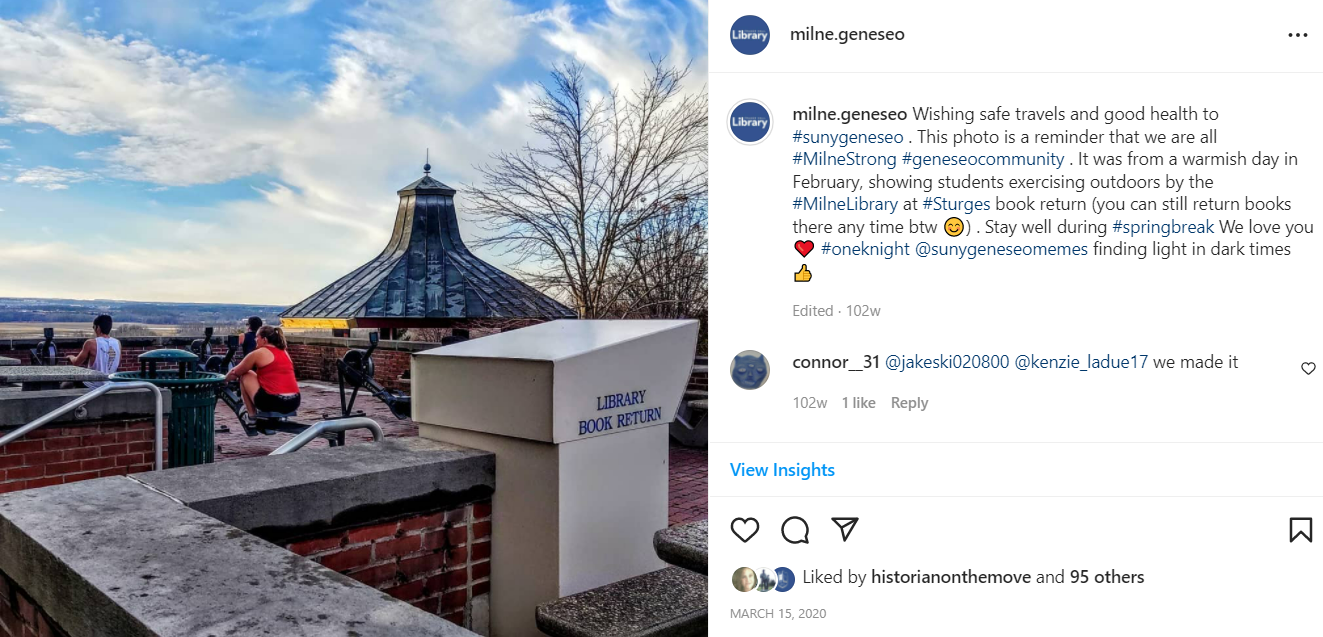 Instagram "this is not goodbye" style post from the Library to campus