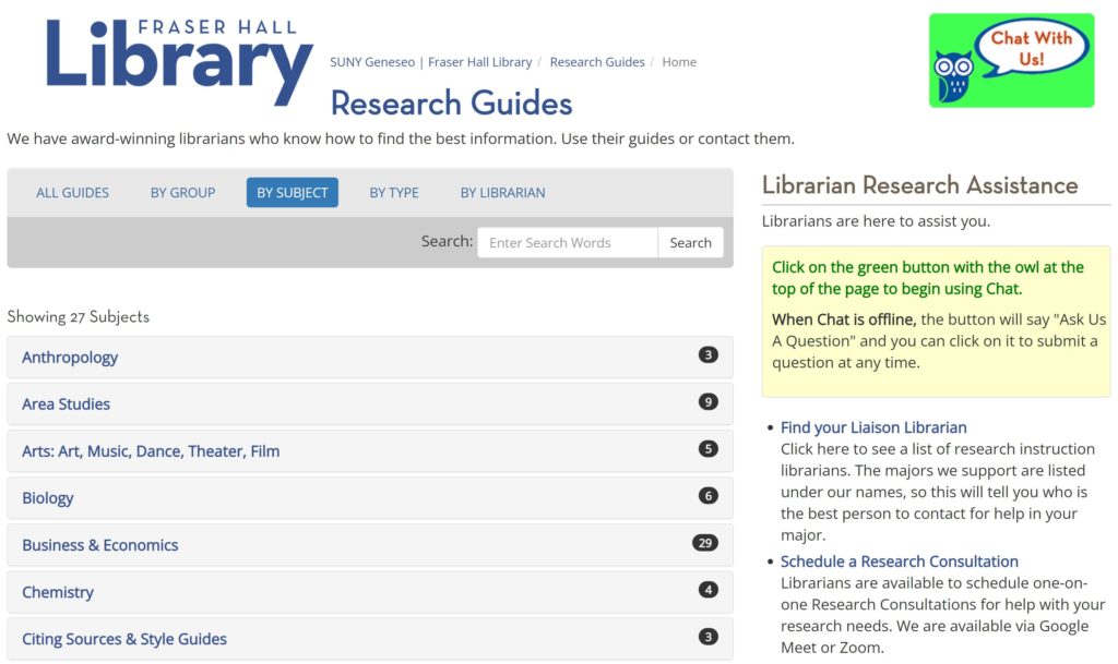 LibGuides with embedded "Owl" chat/ask a question widget on every page