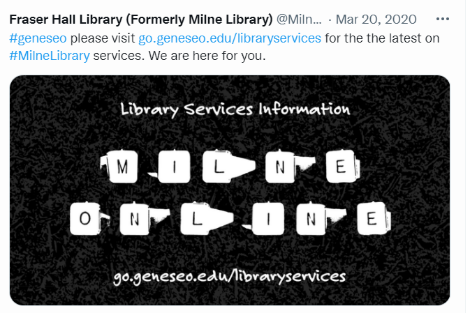 Library Services and Encouragement Tweet, March 2020