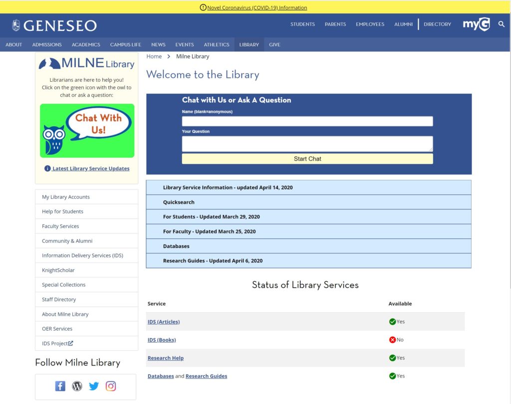 LIbrary Website COVID 19 March & April 2020 with daily updates and embedded live chat