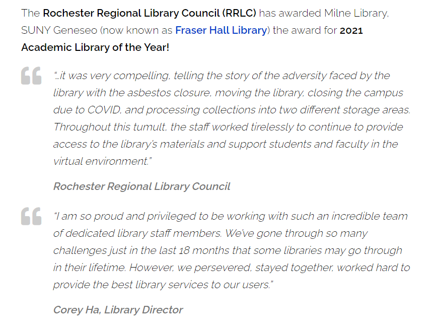 SUNY Geneseo Milne/Fraser Hall Library awarded Academic Library of the Year 2021