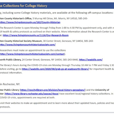 College History Off-Campus Collections Guide during Milne Building Closure College History Off-Campus Collections Guide during Milne Building Closure
