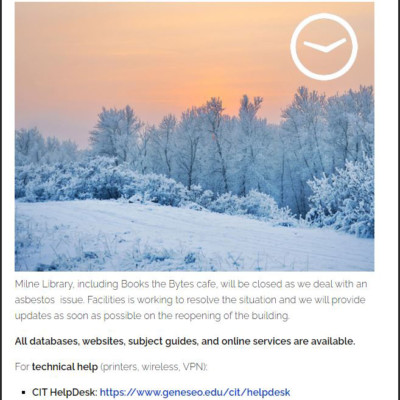 January 6, 2020 post on Library News&Events noting Milne Building Closure and list of available services January 6, 2020 post on Library News&Events noting Milne Building Closure and list of available services