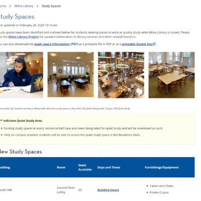 Study Spaces page on Library Website showing locations in Sturges and elsewhere. Pages were updated daily.