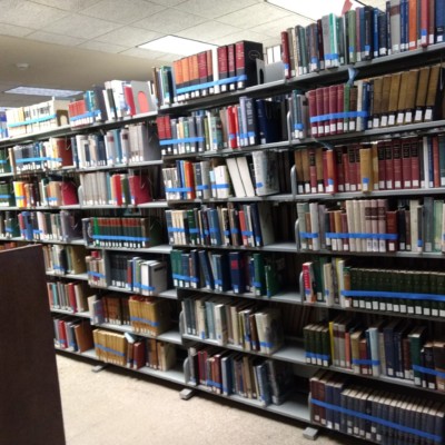 Books flagged with blue painter tape for retrieval from the Milne Library Building, Summer 2020 Books flagged with blue painter tape for retrieval from the Milne Library Building, Summer 2020