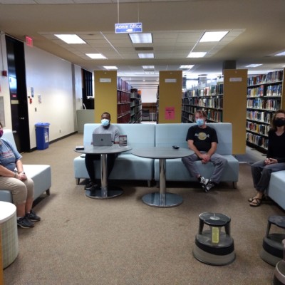 LIbrary Staff taking a break from flagging items to retrieve from the Milne building, summer 2020 LIbrary Staff taking a break from flagging items to retrieve from the Milne building