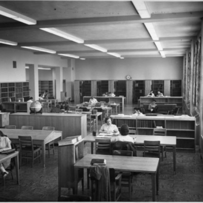 Fraser Hall , 1950s. Fraser was as a secondary library for many years, and will become the temporary home for Milne Library. Fraser Library, 1950s