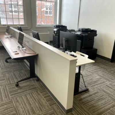 Macs, PCs, and copier at new Fraser Hall Library mini-computer lab, Spring Semester 2020 Macs, PCs, and copier at new Fraser Hall Library mini-computer lab