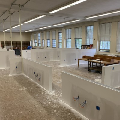 Construction of Fraser Hall Library Interior (Fraser 203) with study tables and dividers Construction Fraser Library 203