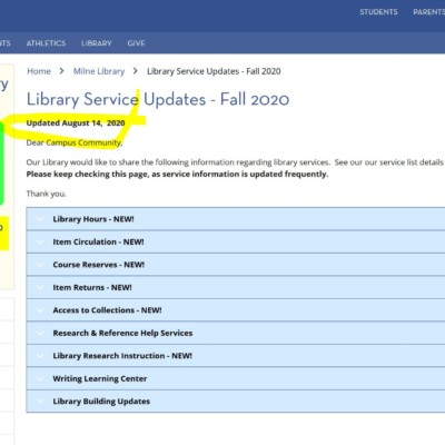 Library Service Updates page beginning of Fall Semester 2020 Library Service Updates page beginning of Fall Semester 2020