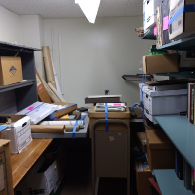 Special Collections artwork, documents, maps awaiting retrieval from the Milne Library Building, June 2020 Special Collections artwork, documents, maps awaiting retrieval from the Milne Library Building, June 2020