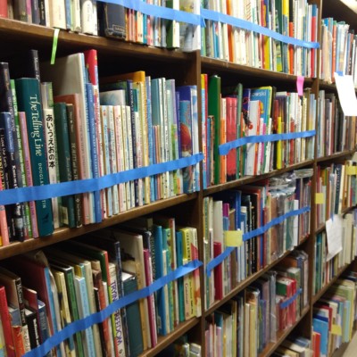 Milne 104C- Books flagged for retrieval from Milne Library building, June 2020 Books flagged for retrieval from Milne Library building, June 2020