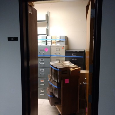 Books, materials, and cabinets Milne Library 110 being prepared for retreival, June 2020 Books, materials, and cabinets Milne Library 110 being prepared for retreival