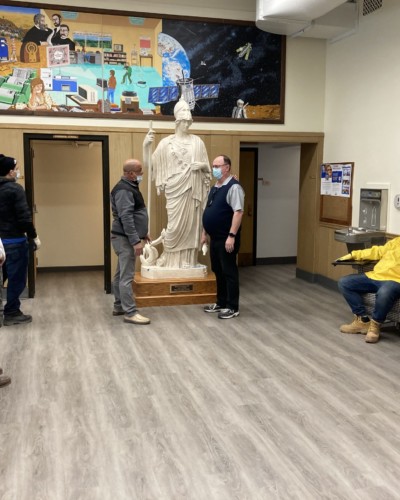 Movers with Tim F, moving Minerva statue into Fraser Hall, Spring 2021 Movers with Tim F, moving Minerva statue into Fraser Hall, Spring 2021