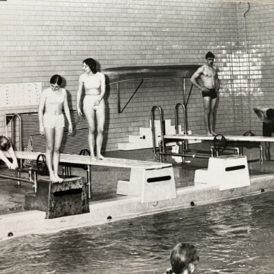 Schrader Hall Pool in the 1950s - who knew it would end up being a storage area for Library Collections! Schrader Hall Pool in the 1950s