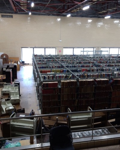 Schrader Hall showing immense shelving area, with Liz Donna Teddy. Spring 2021 Schrader Hall showing immense shelving area, with Liz Donna Teddy