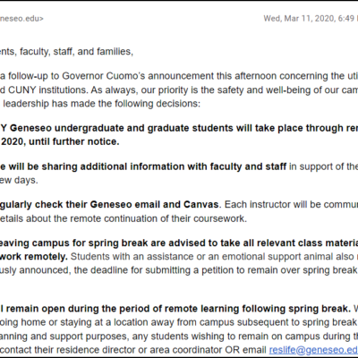 David Irwin letter regarding students, transition to remote learning and residence halls due to COVID, March 11 2020 David Irwin letter regarding students, transition to remote learning and residence halls due to COVID