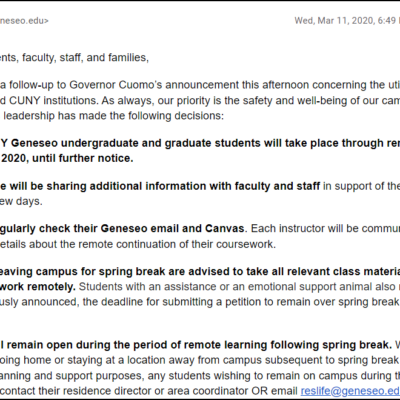 David Irwin letter regarding students, transition to remote learning and residence halls due to COVID, March 11 2020 David Irwin letter regarding students, transition to remote learning and residence halls due to COVID