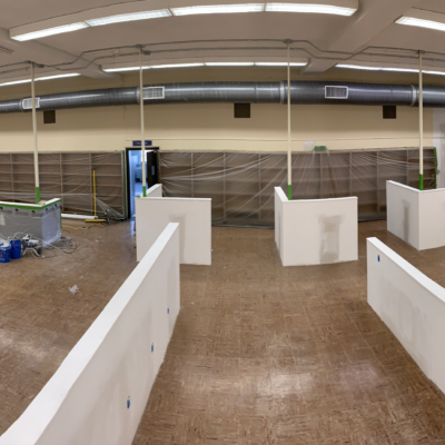 Fraser Hall Library interior construction, with shelving and dividers, Fall 2020 Fraser Hall Library interior construction, with shelving and dividers, Fall 2020