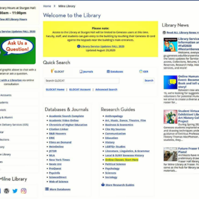 Library Home Page August 2020 with service update links Library Home Page August 2020 with service update links