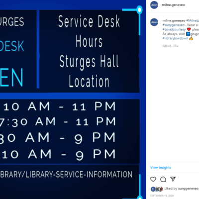 Sign for Library Sturges Hall Service Desk Hours Fall Semester 2020 SIgnage for Library Sturges Hall Service Desk Hours Fall Semester 2020