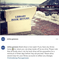 Instagram post May 2020 noting Book Drop on campus is open Instagram post May 2020 noting Book Drop on campus is open